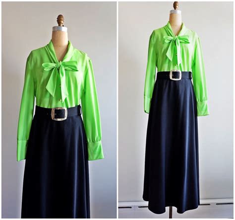 vintage 2 piece mod 70s neon lime green blouse and maxi etsy in 2020 neon green blouses