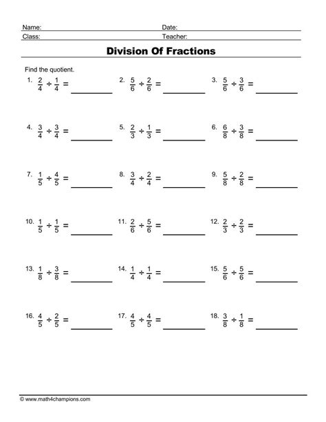 Dividing Fractions Worksheet Pdf