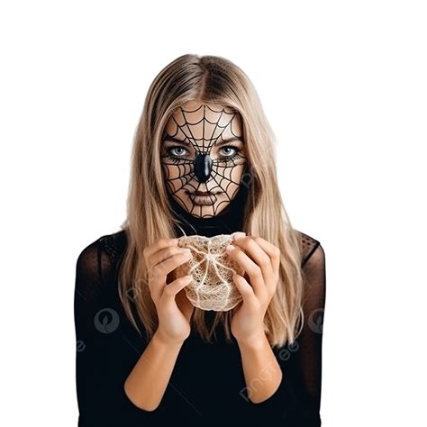A Girl With A Mask On Her Face Dressed For Halloween Mysteriously Holds A Spider Web In Her