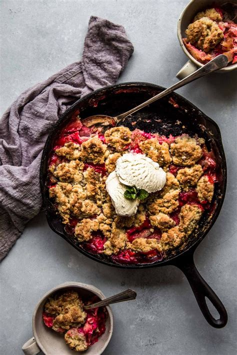 Overhead Shot Of Cast Iron Skillet With Strawberry Rhubarb Cobbler