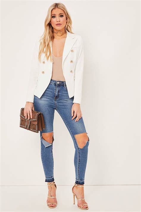 Whitney Cream Button Embellished Tailored Blazer Blazers For Women