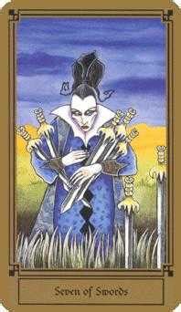 It suggests the possibility of theft or not living up to your full potential in the future either due to unknown opponents or. Seven of Swords card from the Golden Thread Tarot Deck