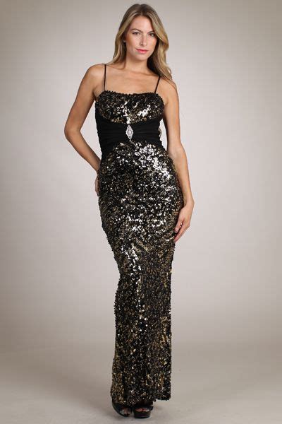 Fitted Black Gold Full Length Sequin Evening Gown Dresses Sequin