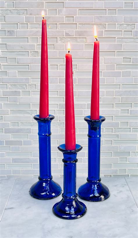 Set Of 3 Cobalt Blue Candle Holders Vintage Candlestick Etsy