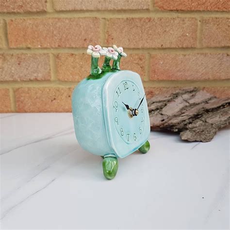 Handmade Ceramic Quirky Flower Clock Uk Pottery Blue Green Etsy
