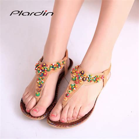 Plardin New Summer Bohemia Womens Elastic Band Flat Sandals Shoes Cross Tied Flower Ankle Strap