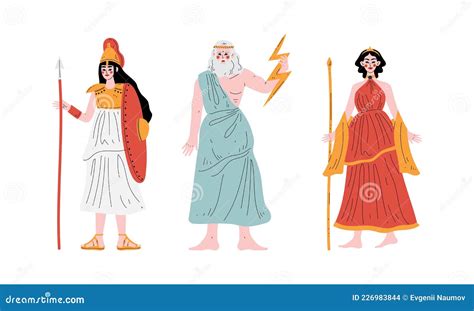 Ancient Greek God With Zeus Holding Lightning Bolt And Athena With