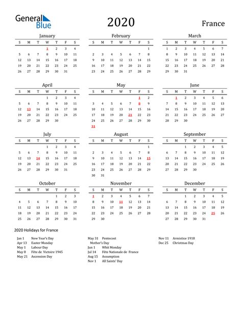 2020 France Calendar With Holidays