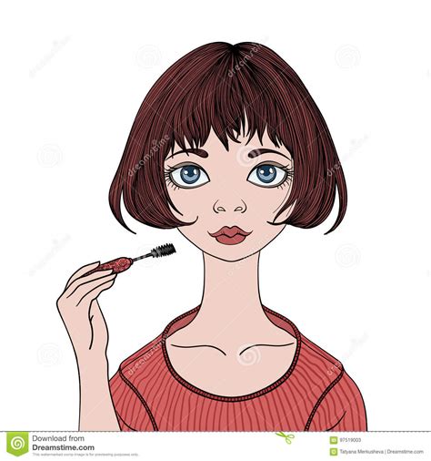 Pretty Girl Paints Eyelashes Mascara Young Woman Doing Makeup Vector
