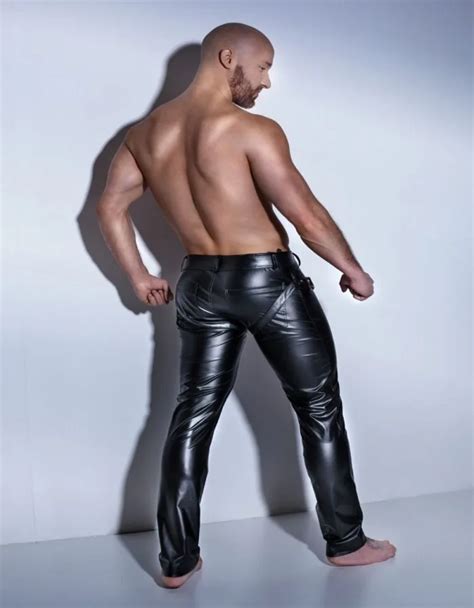 mens black faux leather pants long trousers sexy and novelty skinny muscle tights leggings slim