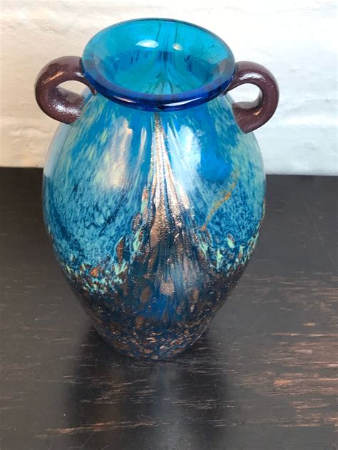 Vintage Turquoise Vase Two Handles Glass Vase Art Glass Blue Etsy