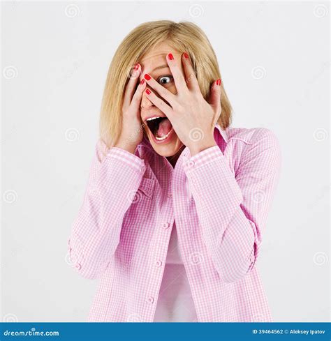 Close Up Portrait Of The Scared Woman Isolated On White Stock Photo