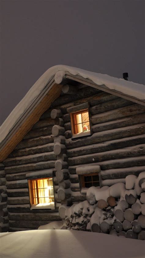 Snowy Log Cabin At Night Wallpaper Backiee
