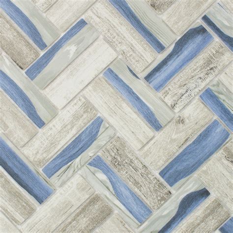 Treglg 09 Recycle Glass Wooden Look Blue Herringbone Mosaic Tile Backs