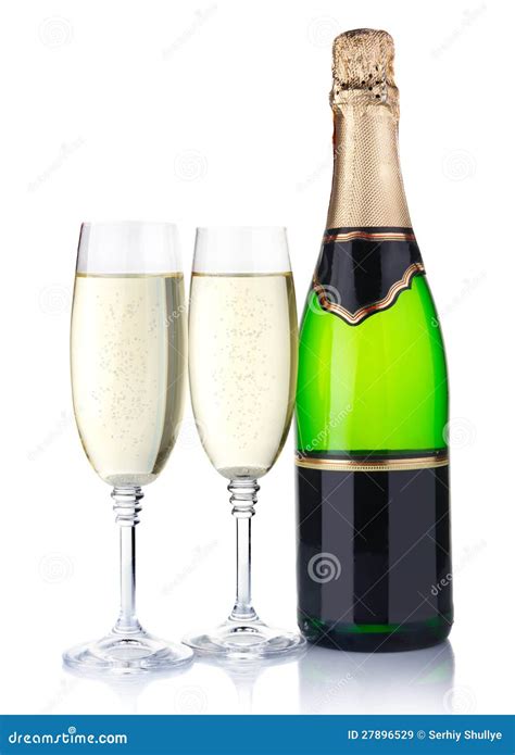 Two Glasses With Champagne And Bottle Isolated On White Stock Image