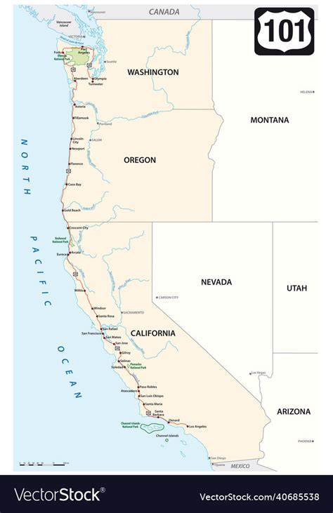 Map Of Us Highway 101 On The West Coast Of The Usa