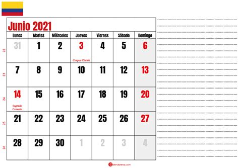 Descargar Gratis Calendario Junio 2021 Colombia