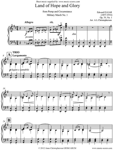 Elgar Land Of Hope And Glory Piano Classical Sheet Music