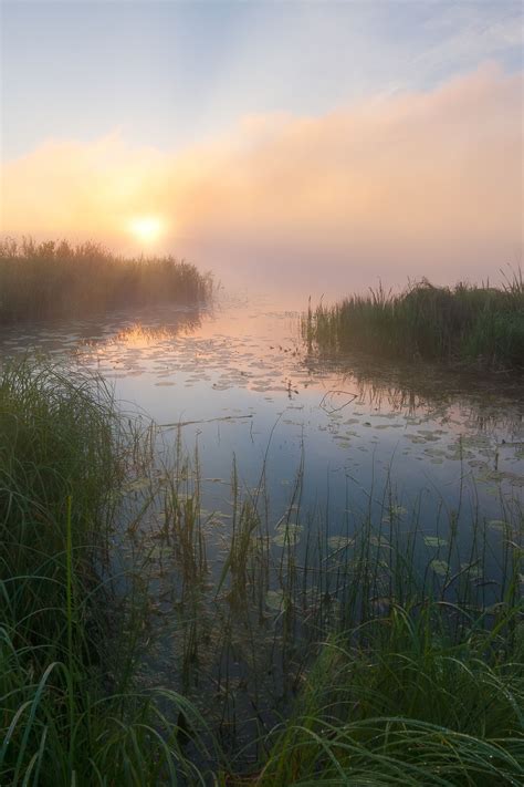 River Sunset Fog Природа