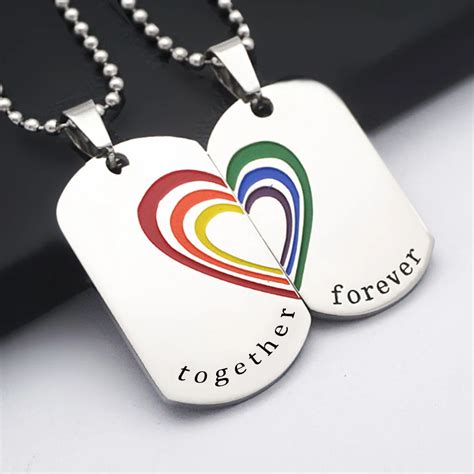 stainless steel lesbian and gay rainbow heart together forever necklace lover jewelry romatic