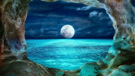 View Of Full Moon From Ocean Cave Hd Wallpaper Background Image