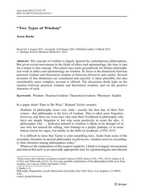 Baehr Two Types Of Wisdom Epistemology Theory