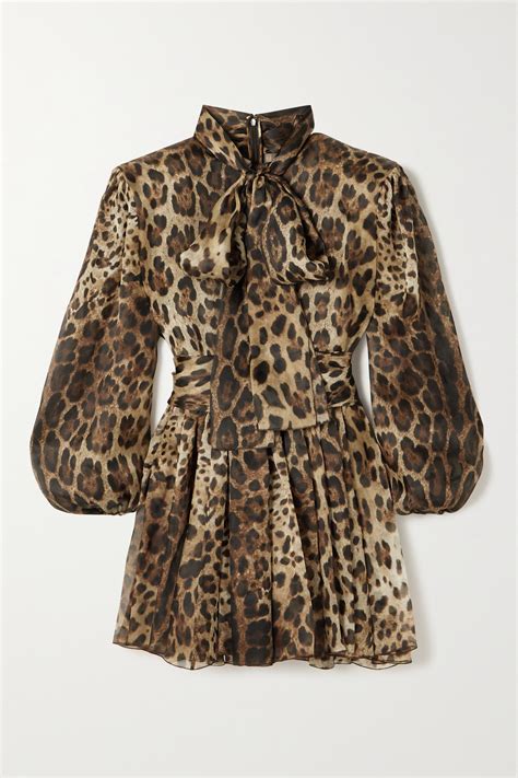 dolce and gabbana pussy bow leopard print silk blend organza mini dress leopard print