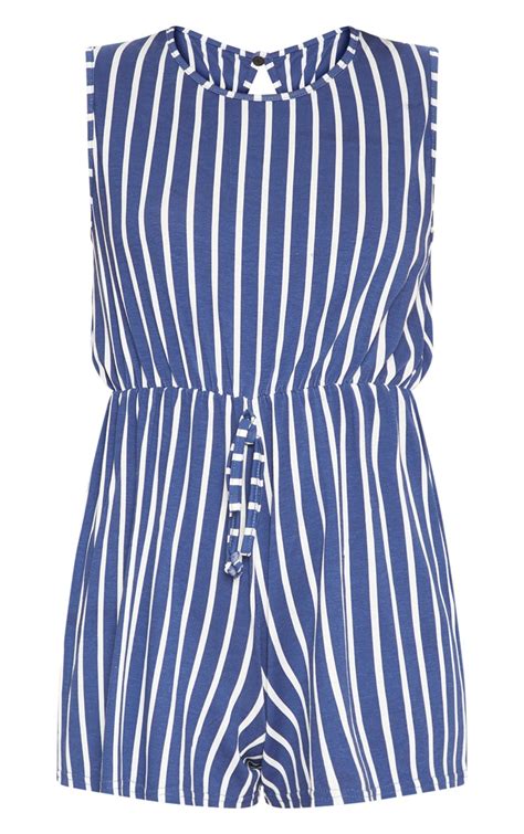 Navy Stripe Sleeveless Romper Prettylittlething Usa