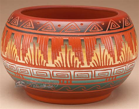 Indian Pottery Etched Clay Bowl 325 Navajo P327 Mission Del Rey