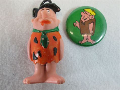 Vintage 1972 Barney Rubble Pinback Button And Plastic Fred Flintstone