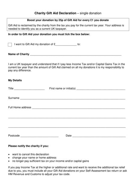 United Kingdom Charity Gift Aid Declaration Single Donation Fill
