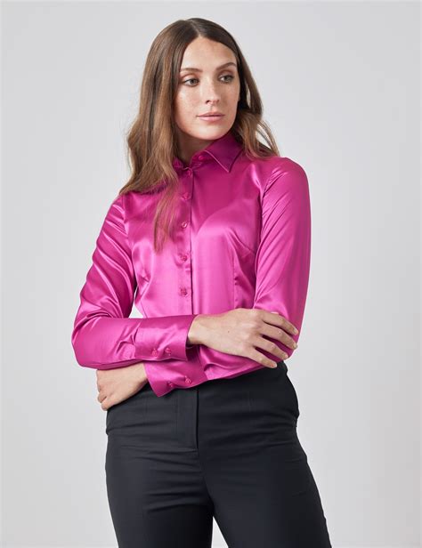 Plain Satin Stretch Womens Fitted Shirt With Single Cuff In Bright