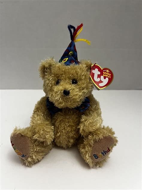 Ty Beanie Babies HAPPY BIRTHDAY Plush Bear With Bow Tie Party Hat
