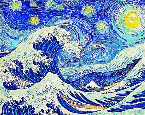 Starry Night Over The Great Wave Off Kanagawa Impressionist Painting