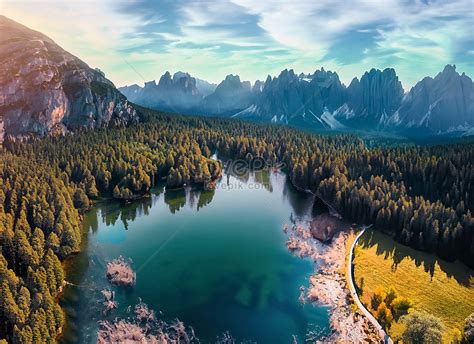 Aerial View Of Lago Antorno Dolomites Lake Mountain Picture And Hd