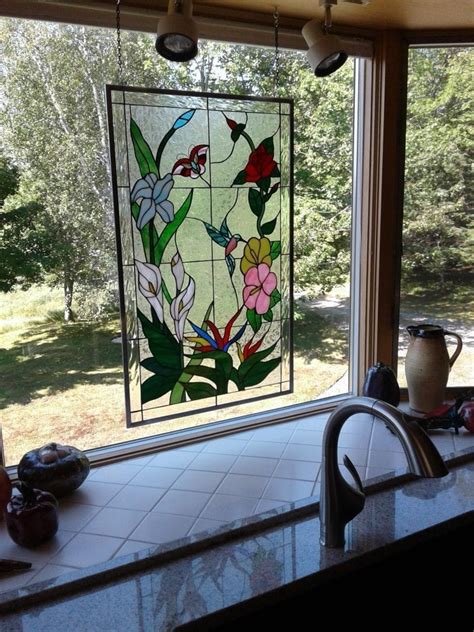 Lovely Colorful Hummingbirds And Flowers Stained Glass Panel Hung In A