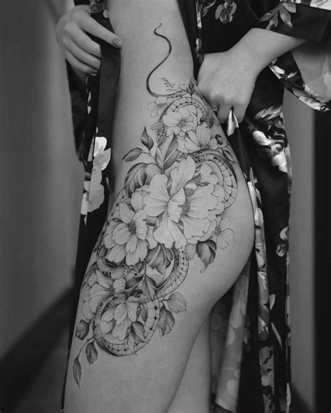 Black And White Flower Tattoos Hip