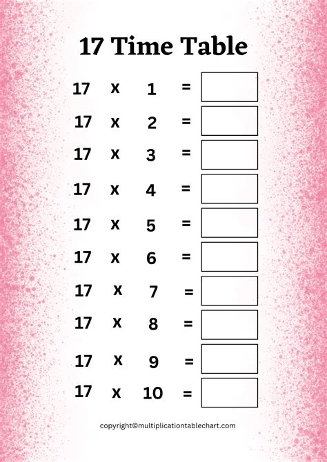 17 Times Table Worksheet Multiplication Table