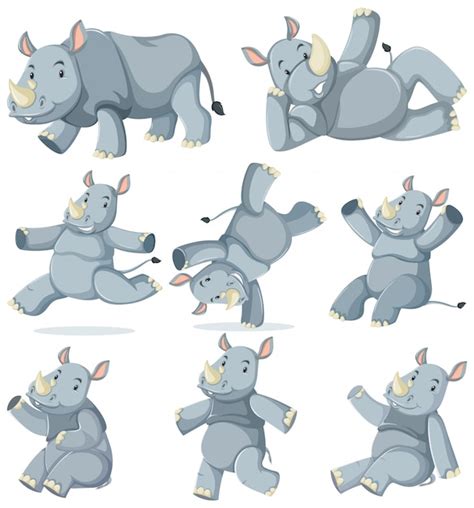 Conjunto De Personaje De Dibujos Animados De Rinocerontes Vector Gratis