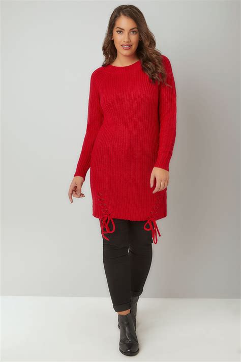 Red Chunky Knit Longline Jumper With Lace Up Hem Plus Size 16 To 36