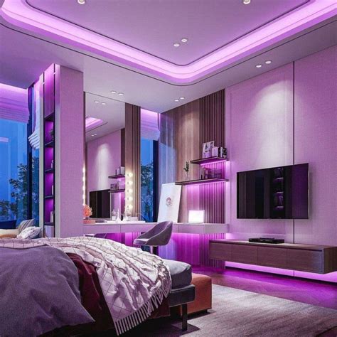 A Bedroom With Purple Lighting In The Ceiling