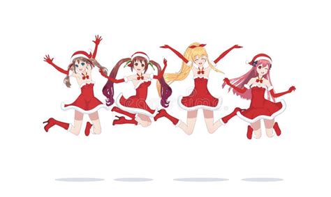 Joyful Anime Manga Girls As Santa Claus In A Jump Stock Vector Illustration Of Cute Adult