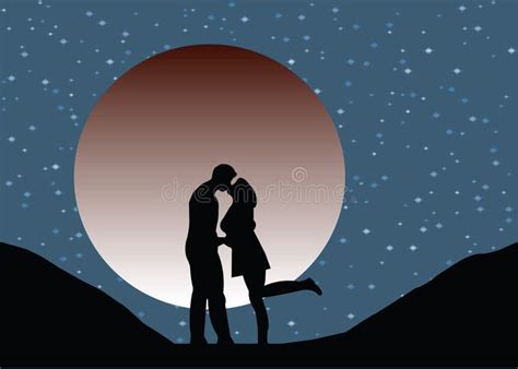Lovers Silhouette Kissing At Moonlight Stock Vector Illustration Of