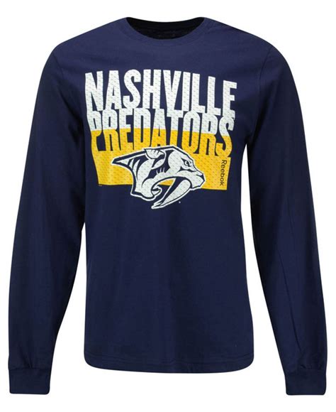 Reebok Mens Long Sleeve Nashville Predators Split Time T Shirt In Blue