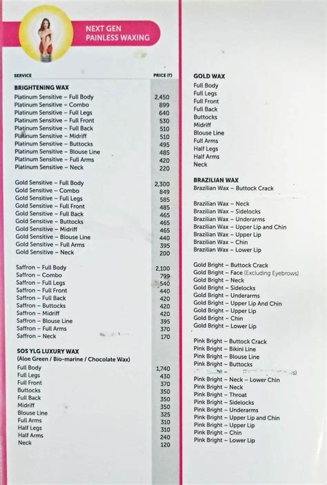 Ylg Salon Menu And Price List For Hal Bengaluru