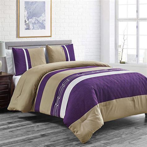 Dark Purple/Taupe Goose Down Alternative Comforter Set Queen Size Bedding Includes Comforter and ...