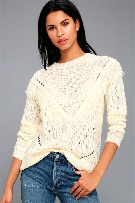 Cute Cream Sweater Fringe Sweater Knit Sweater Lulus