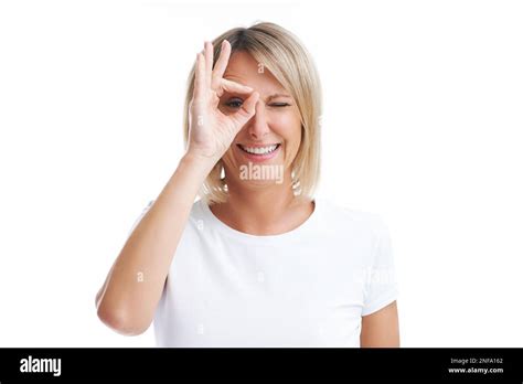 Picture Of Blonde Woman Over Back Isolated Background Showing Ok Stock