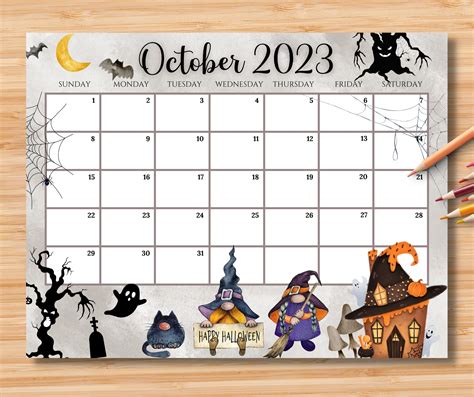 Editable October 2023 Calendar Happy Halloween With Cute Etsy Uk