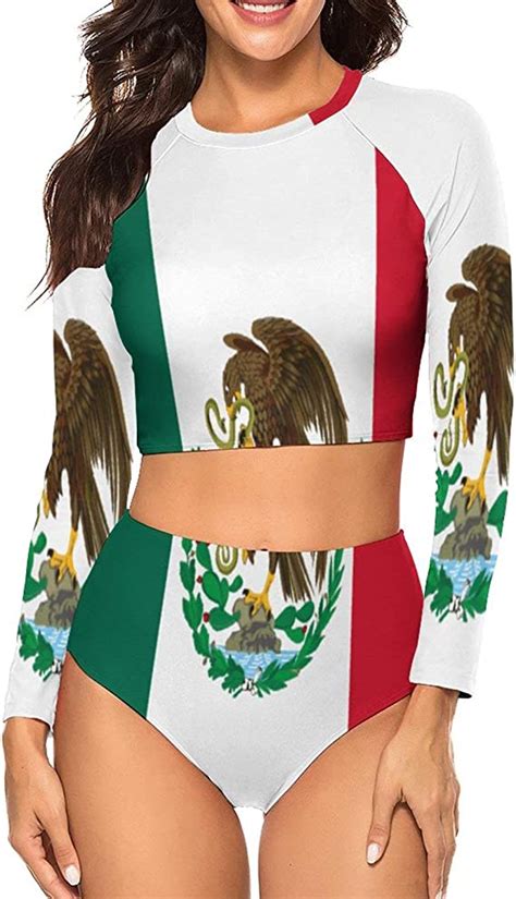 Mexico Flag Swimsuit Womens Long Sleeves Bikini Set Uv Rays Protect